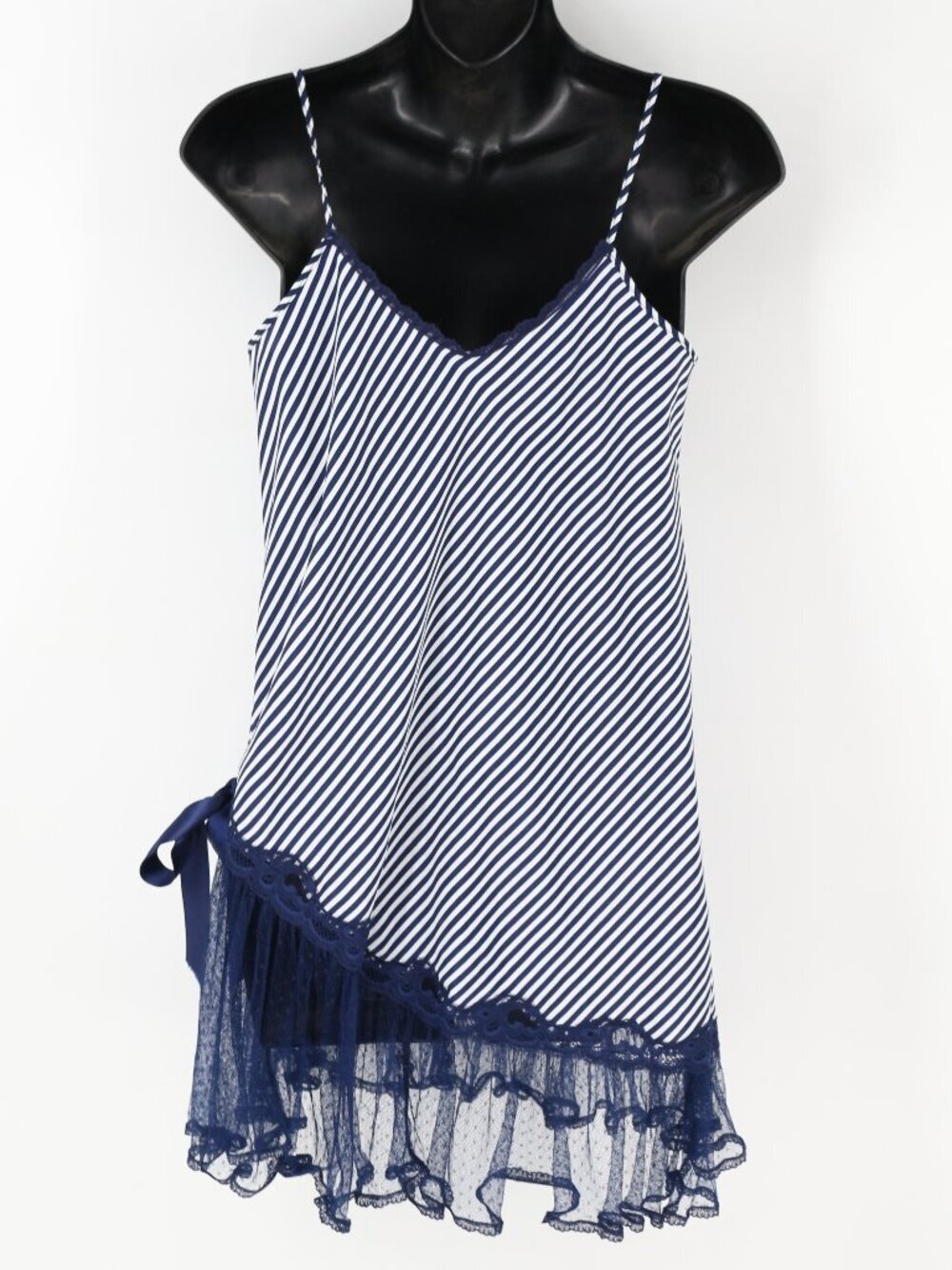 Vintage Keyloun Nightie Lace Teddy Blue Striped Bow Asymmetrical Petite Medium